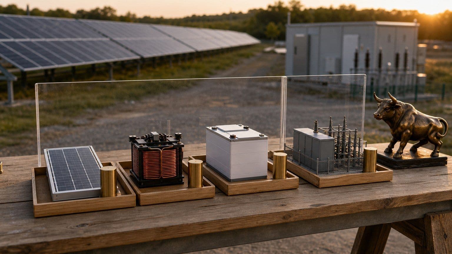 Investičné priehradky s panelom, meničom, batériou a modelom rozvodne pri solárnej elektrárni.