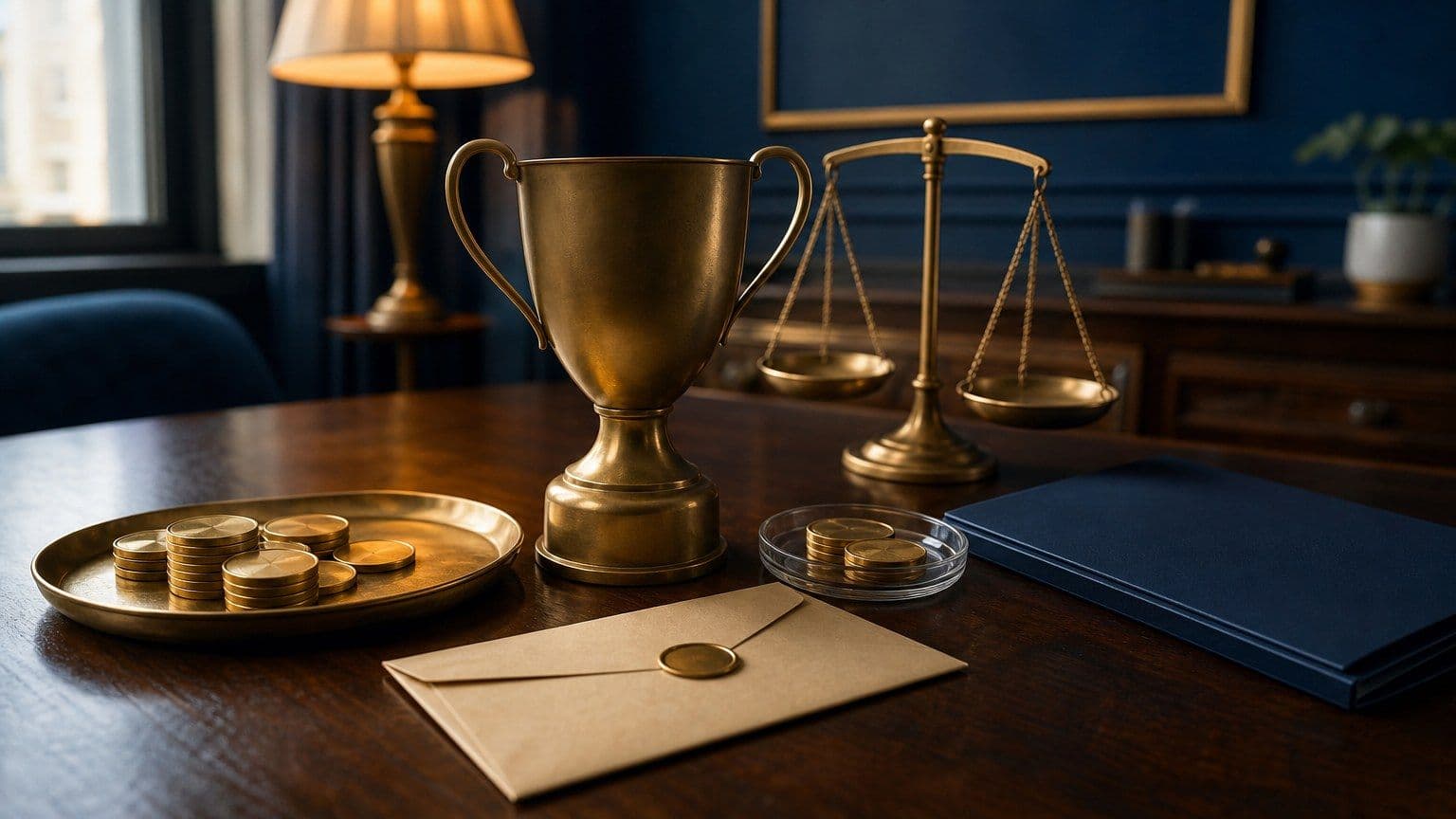 Neoznačená trofej, prázdna obálka výhry, mince a daňový priečinok ležia na bankárskom stole.