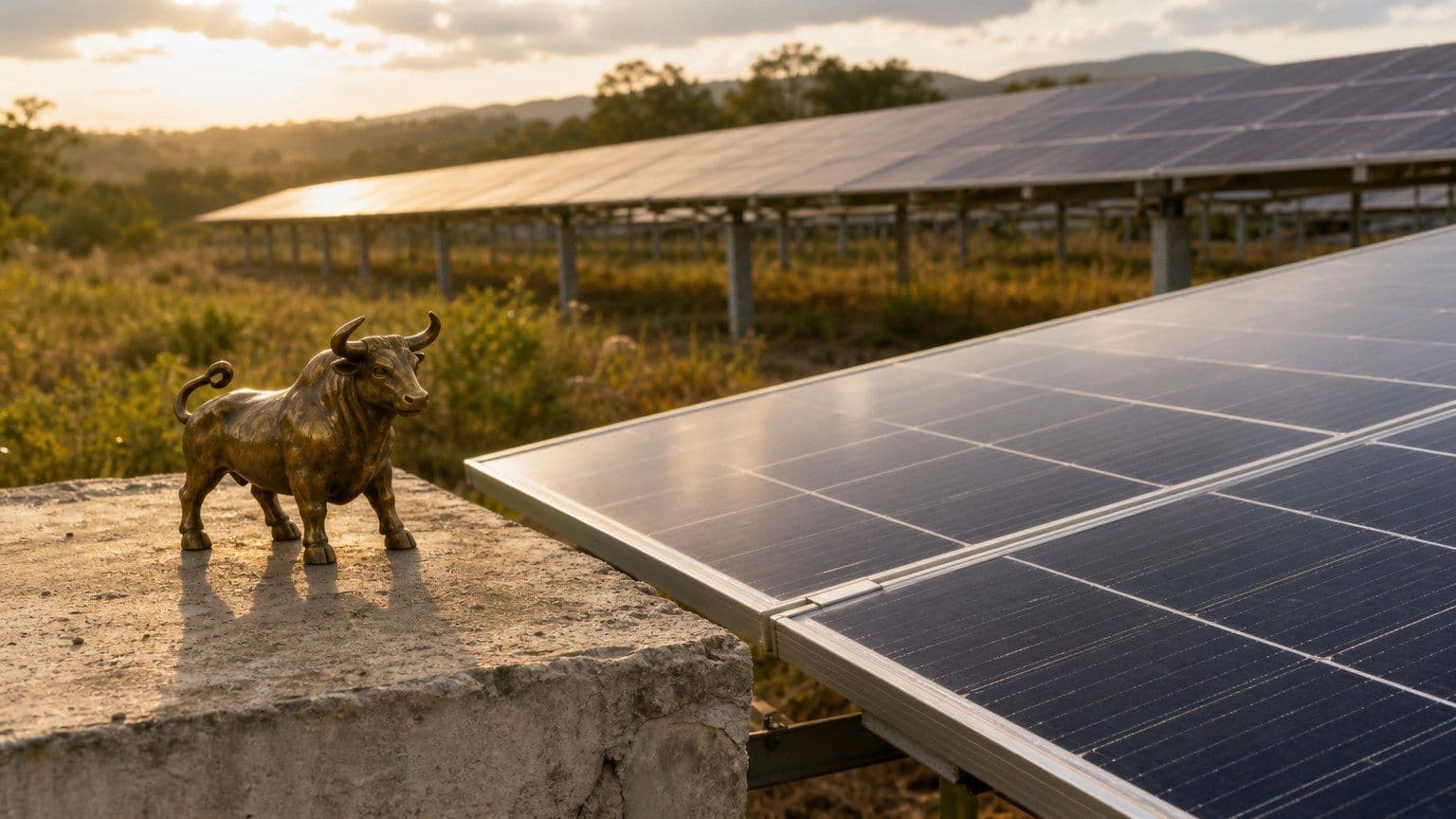 Solárna elektráreň s radmi fotovoltických panelov a malou mosadznou soškou býka.