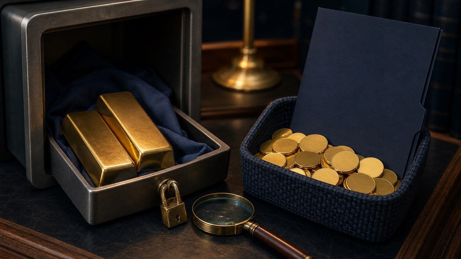 Zlaté tehličky a investičný košík na pracovnom stole znázorňujú možnosti investovania do zlata.