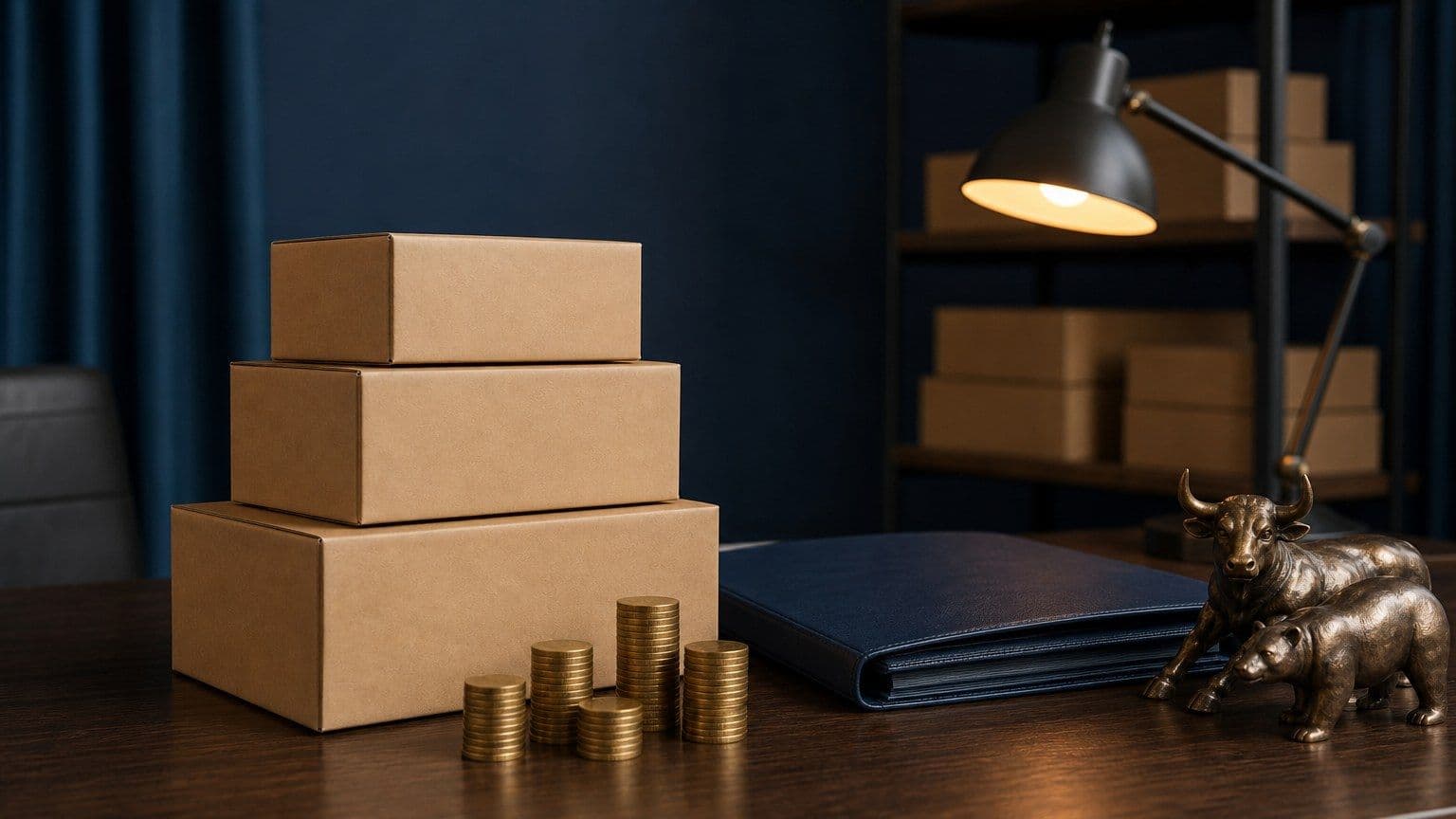 Neoznačené balíky, skladová polica, býčie a medvedie figúrky a mince znázorňujú investovanie do akcií Amazonu.