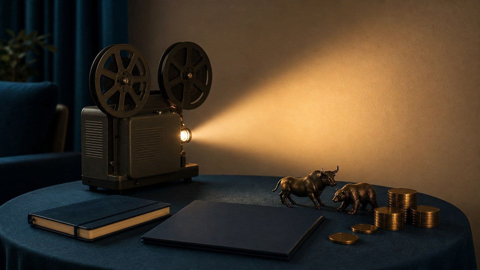 Filmový projektor, prázdne kotúče a mincové kôpky na tmavom stole znázorňujú filmy o peniazoch.