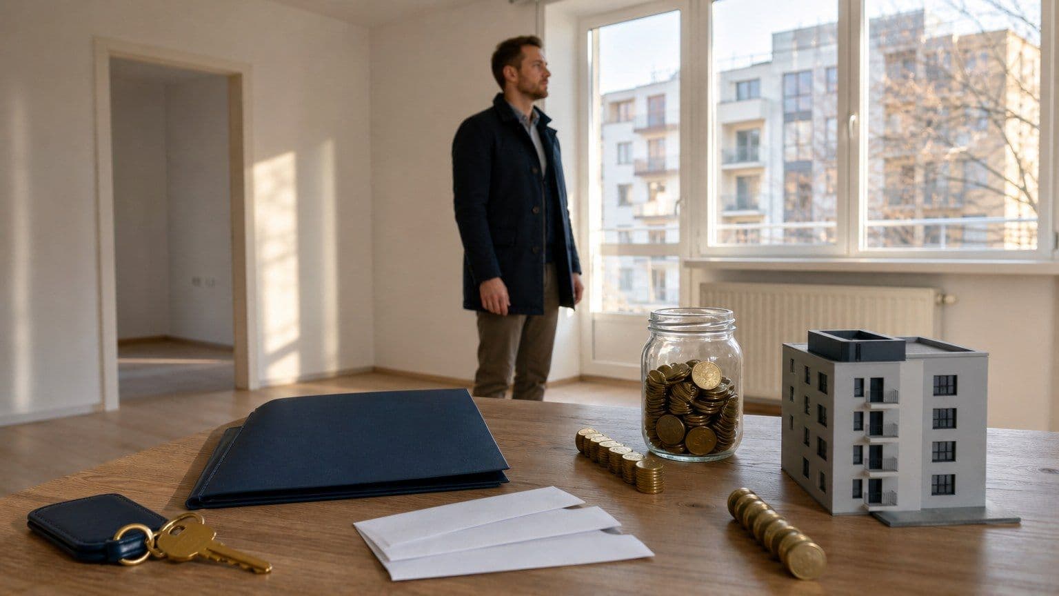Investor v prázdnom byte posudzuje investičnú hypotéku pri stole s kľúčmi, zložkou, obálkami a nádobou s mincami.