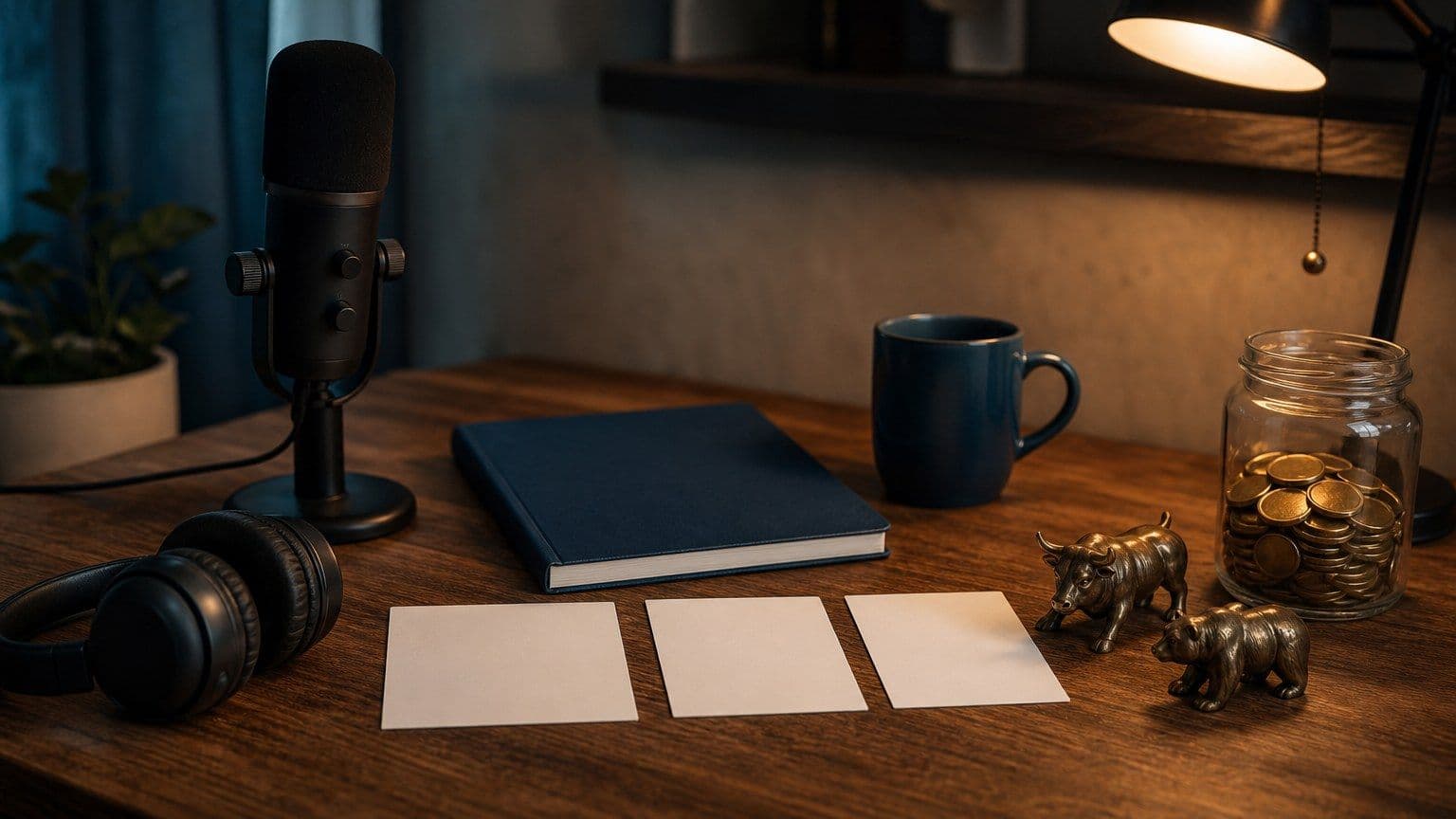 Slúchadlá, mikrofón, prázdne poznámkové karty a nádoba s mincami pripravené na počúvanie finančných podcastov.